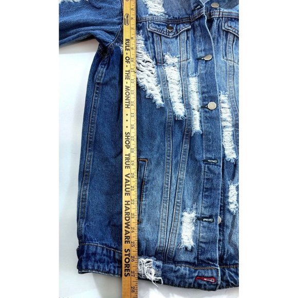 Akira Chicago Red Label Distressed Denim Jean Jacket Size Women’s Large - Picture 12 of 13